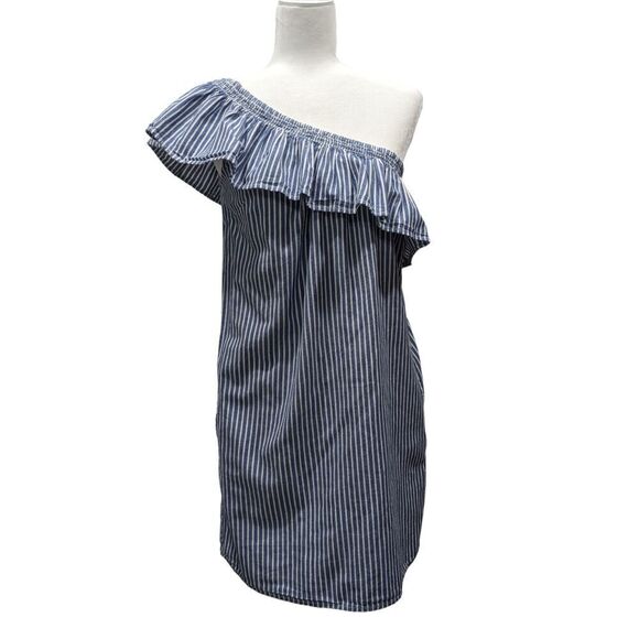Beachlunchlounge Blue & White Striped Cotton One Shoulder Ruffle Mini Dress, SP - Picture 4 of 10
